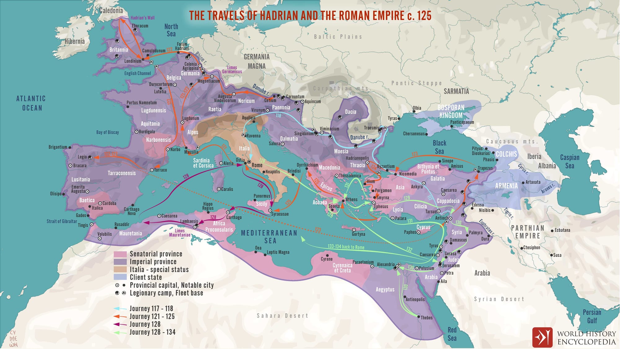 A map illustrating the travels of Emperor Hadrian in the Roman Empire