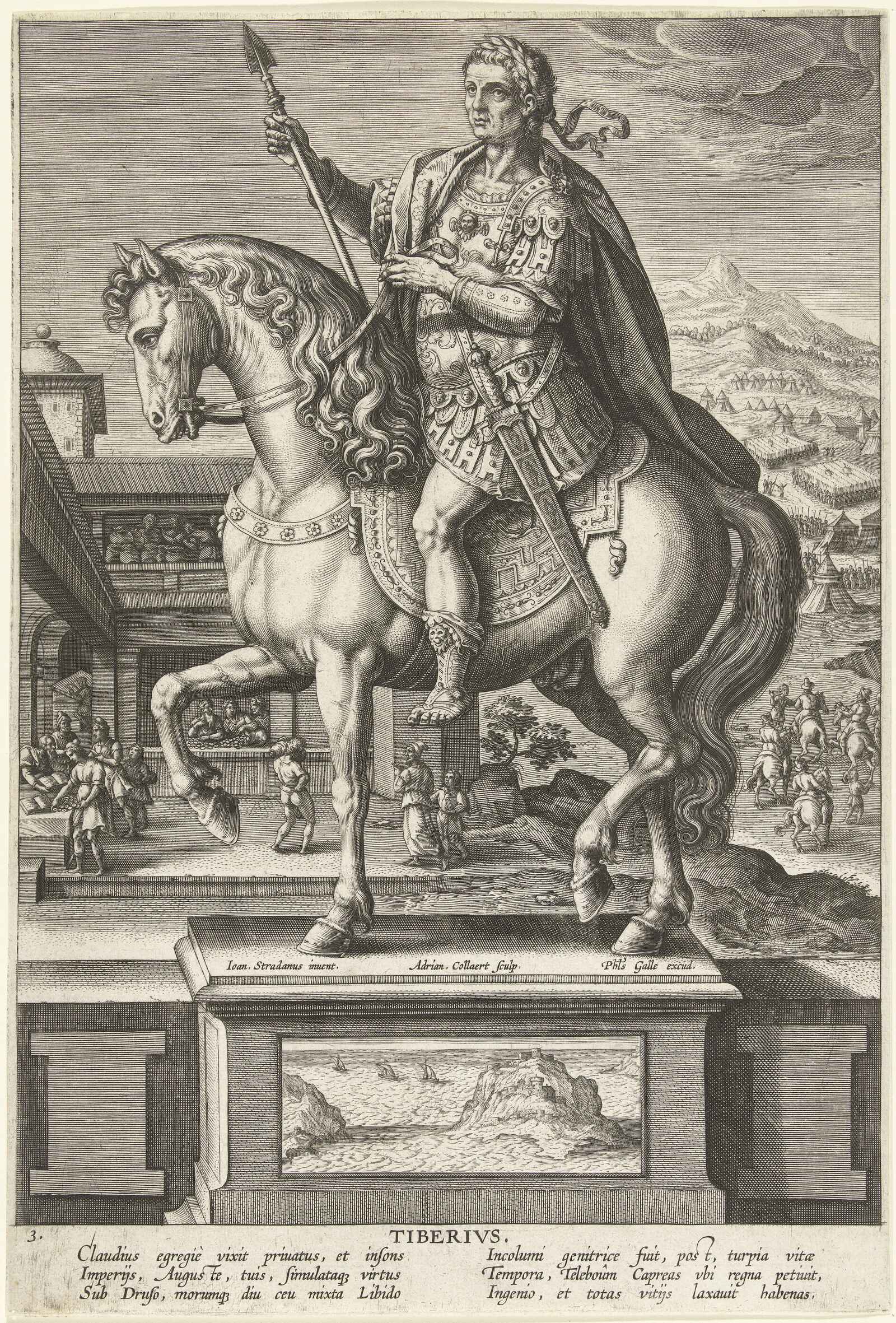 An engraving of Roman Emperor Tiberius on horseback