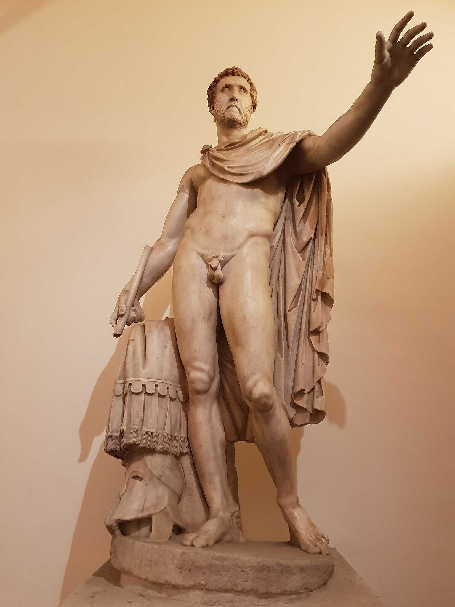 A statue of the Roman Emperor Antoninus Pius, based on Greek prototypes of the 5th-4th Century BC, reworked in Rome to create portrait statues of eminent men.