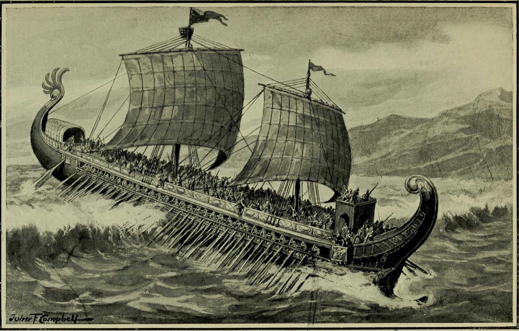 Triremes and quadriremes were mostly used by Romans, after the biremes and triremes of Ancient Greeks. 