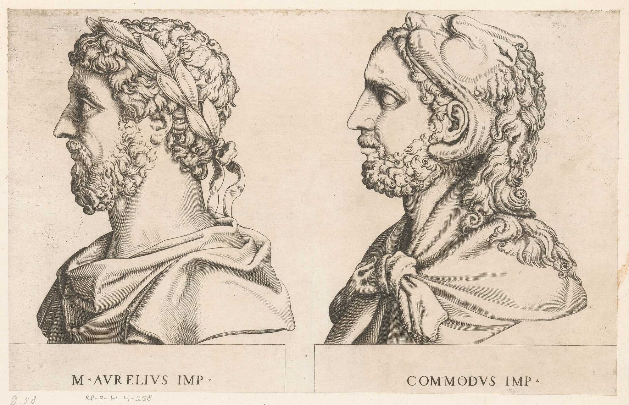 Engraving of Roman Emperor Marcus Aurelius and his son, Emperor Commodus