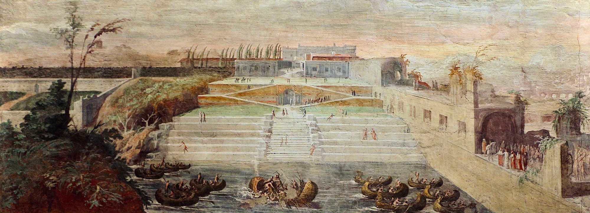 The Naumachia of Castel Sant’ Angelo, a fresco representing the Brahmin scenography of the Courtyard of the Vatican Belvedere. The lower part has been flooded and hosts a naval battle, seen by the public on the right. The reference to the ancient Roman games is evident. 