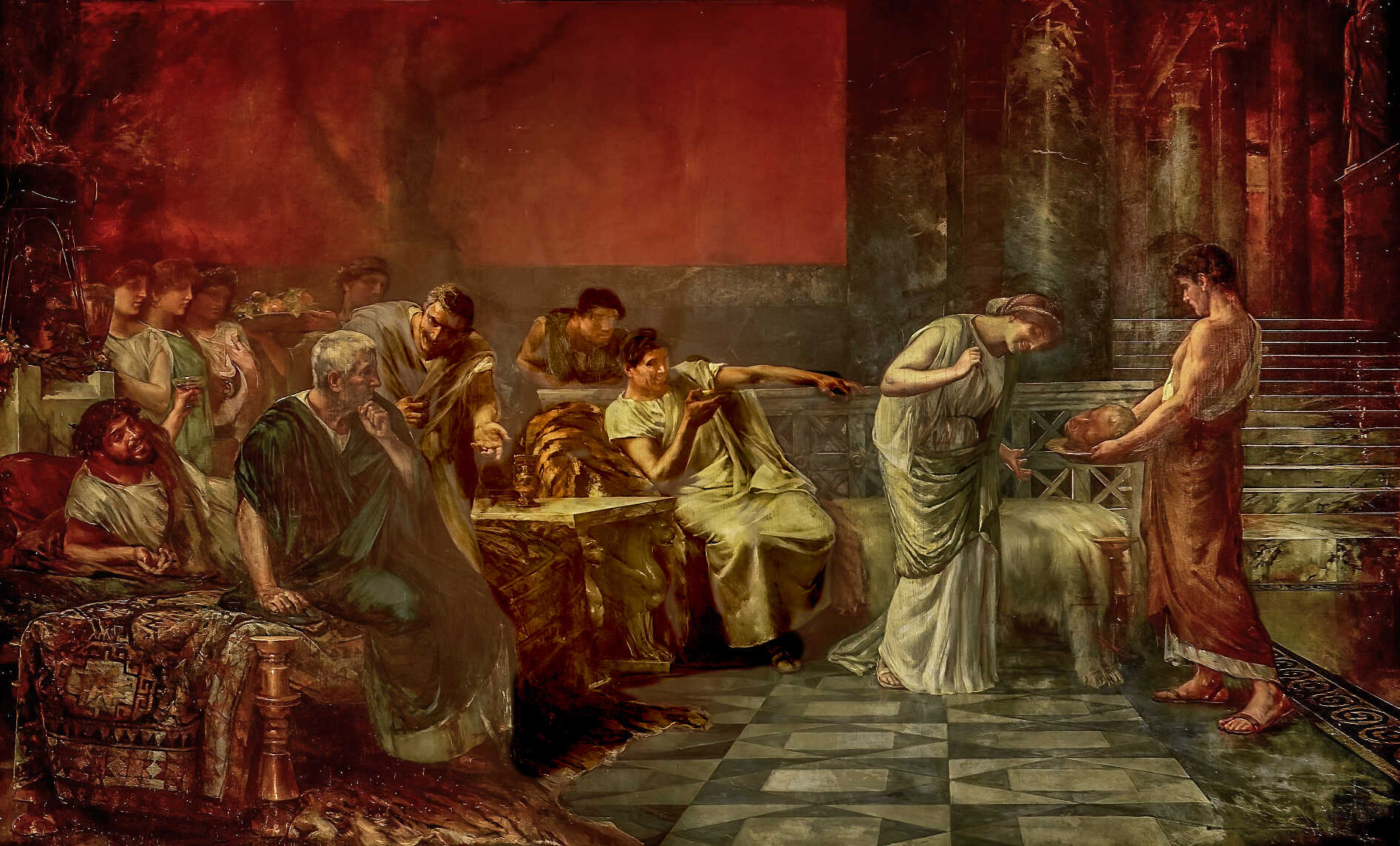 The artwork depicts the moment when Fulvia, the wife of Mark Antony, in Antony’s presence, desecrated the severed head of Marcus Tullius Cicero. Cicero, a renowned politician and orator, had been executed in 43 B.C. by Antony’s order as an act of revenge for Cicero’s many public speeches that denounced Antony