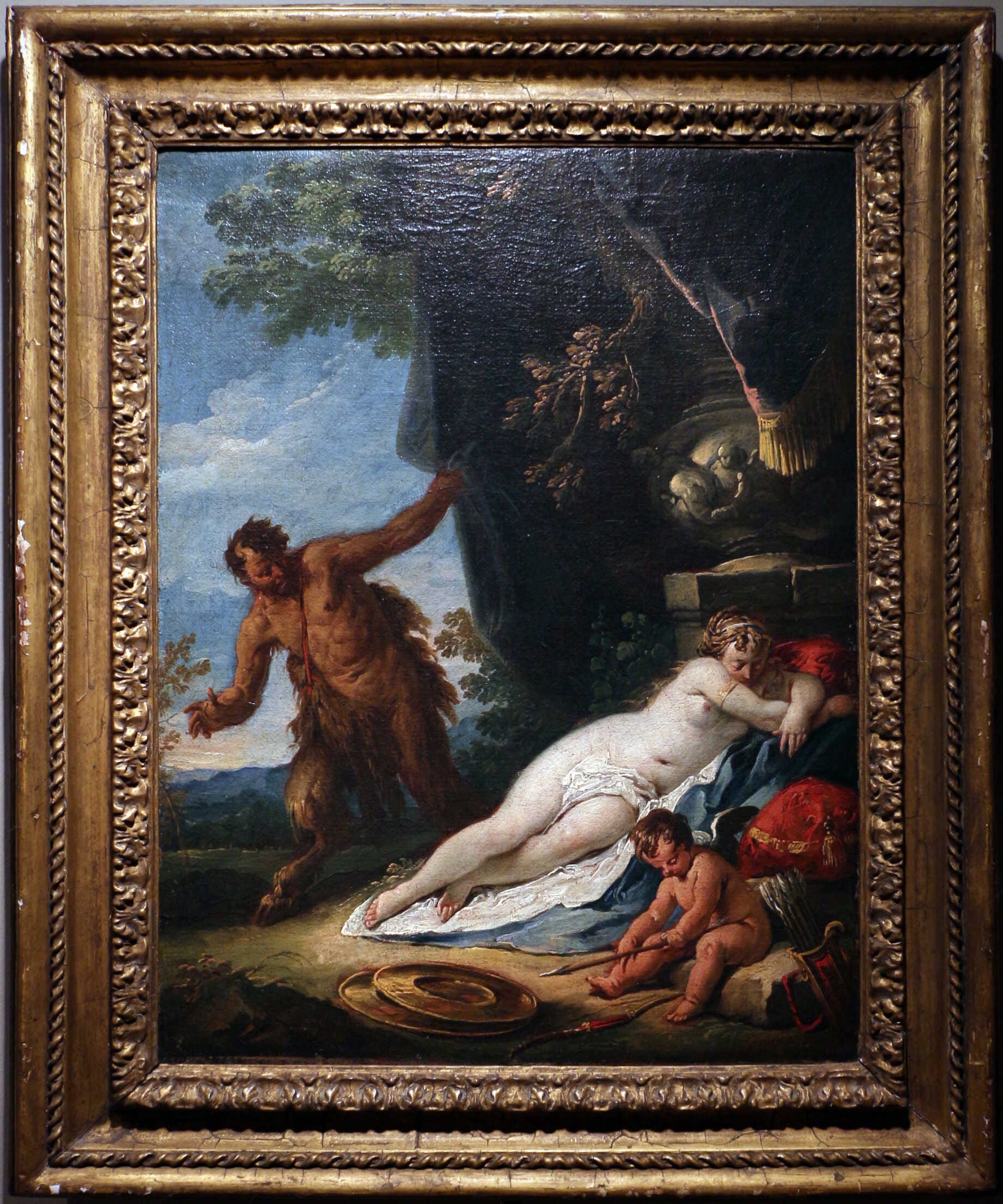 A painting by Gaspare Diziani - Pan and a Sleeping Nymph.