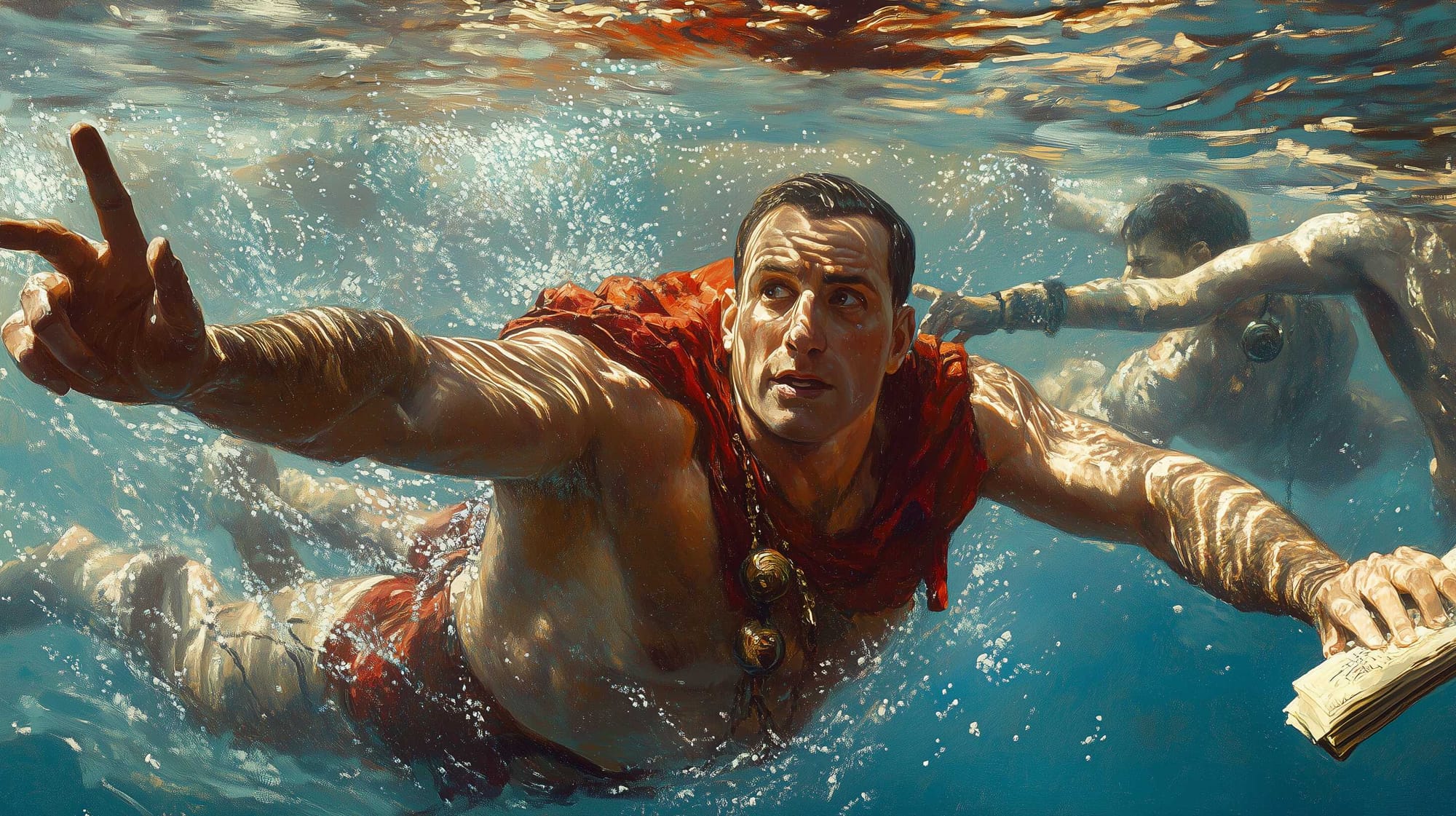 A representation of Julius Caesar swimming away from the Egyptian army, saving the important papers in the process. 