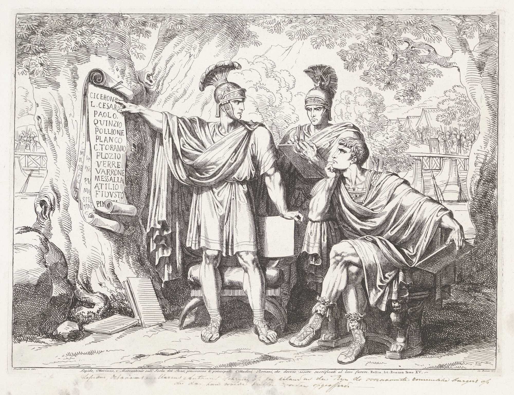 Lepidus, Octavian (Augustus) and Mark Antony, make a list as part of the Second Triumvirate.