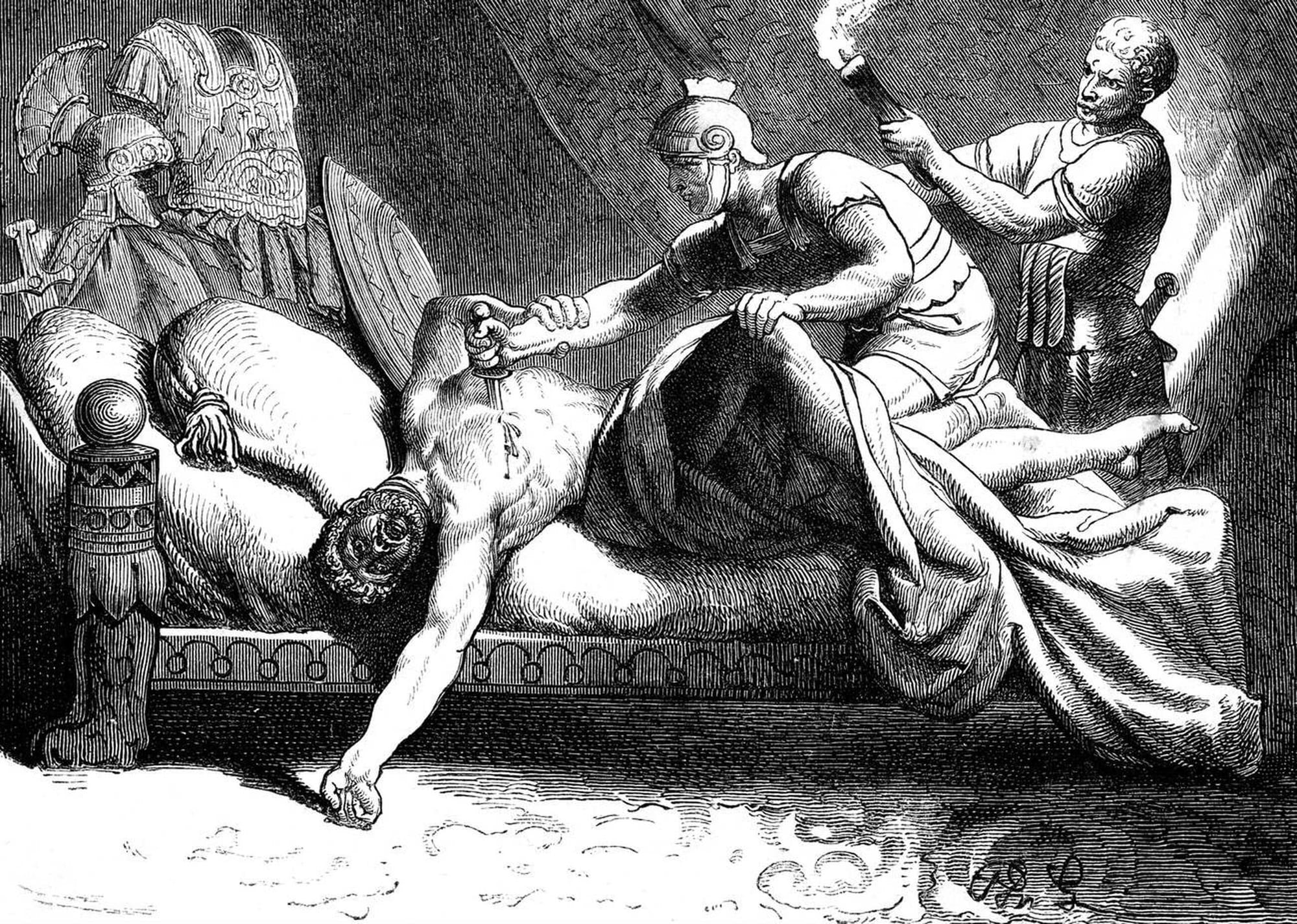 Maximinus Thrax’s death by his soldiers, who murdered him and his son.