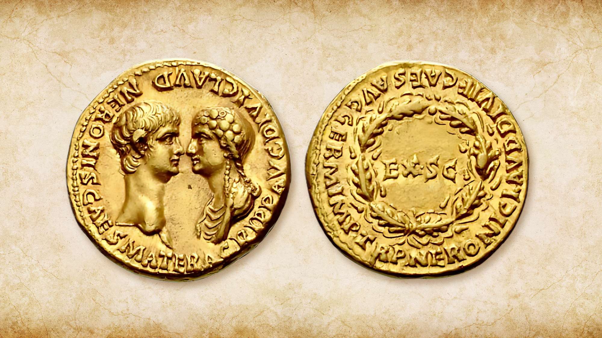 Nero and Agrippina the Younger immortalised in a gold Roman aureus coin. 