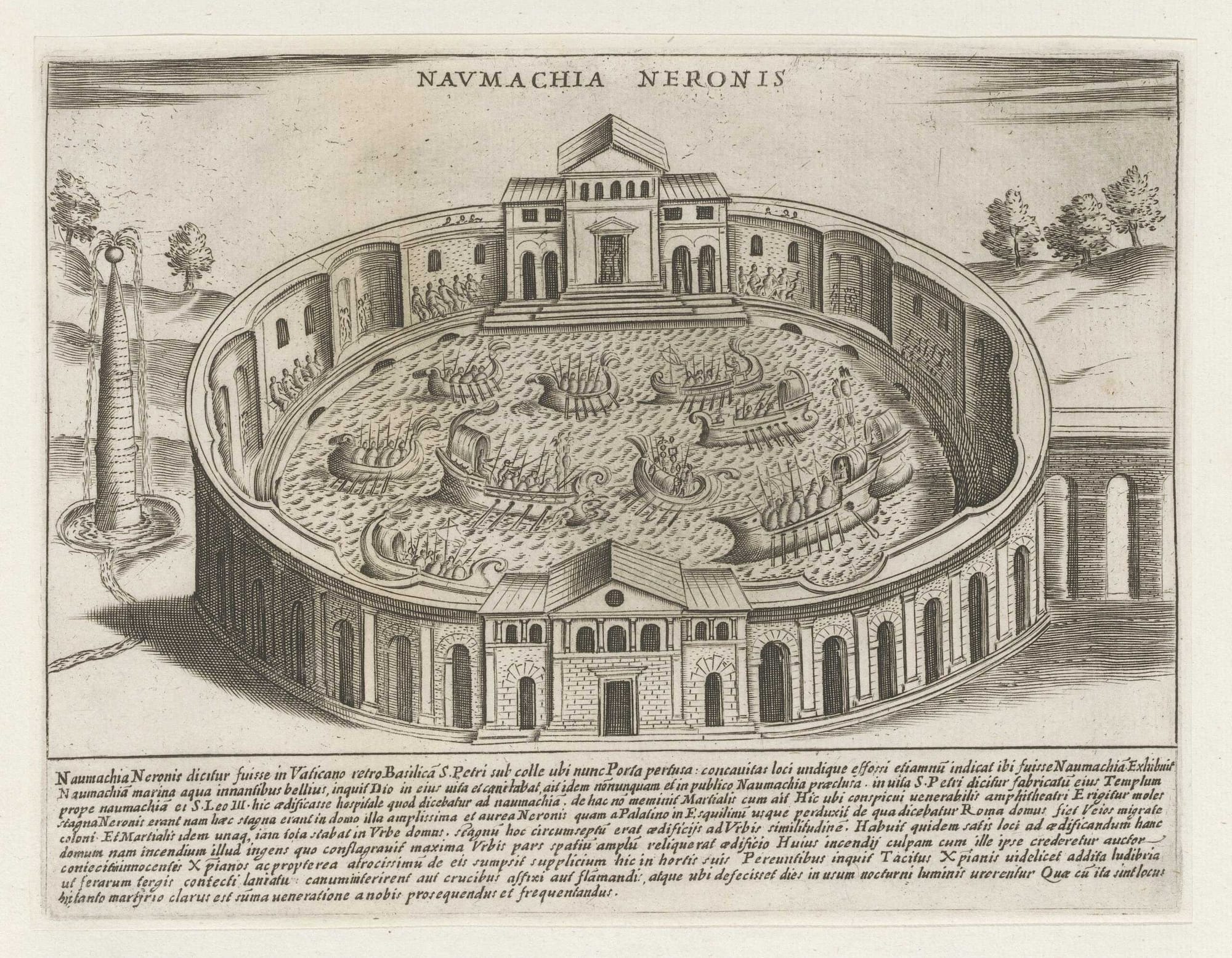 An engraving showcasing a naumachia at the time of Emperor Nero.