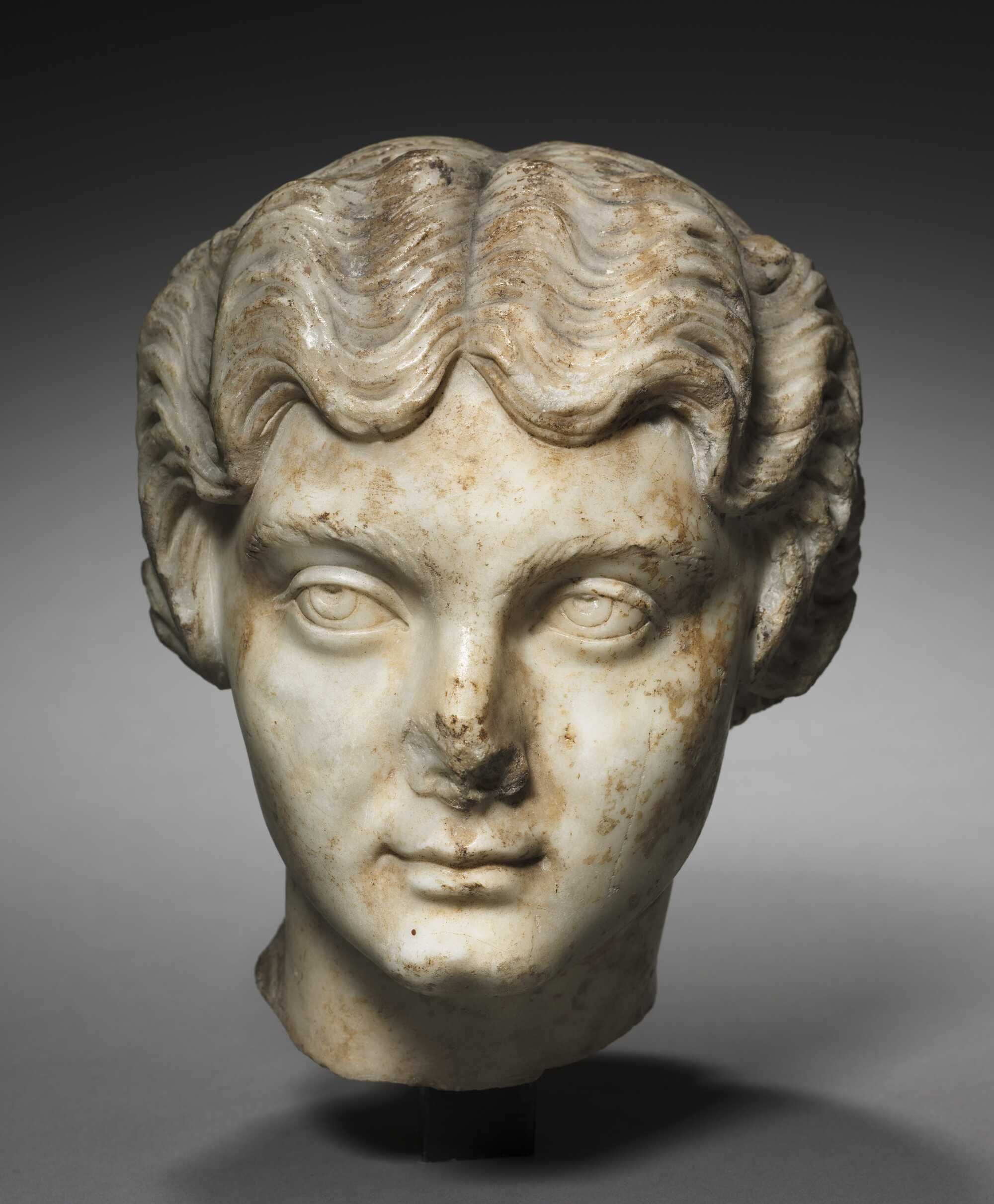 A portrait head from a bust of Empress Lucilla, sister of Emperor Commodus.