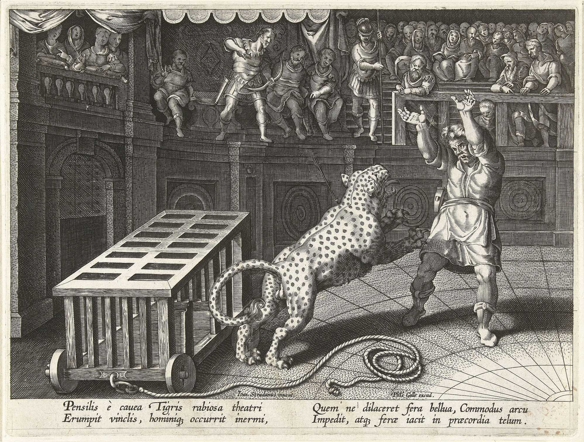 Emperor Commodus (top left) killing a leopard with his bow, in the arena. Engraving by Jan van der Straet