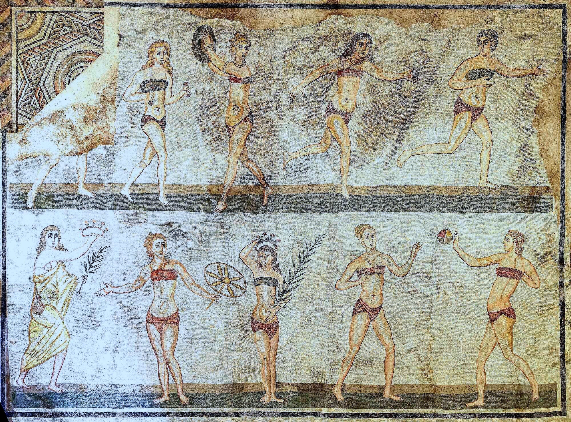 Mosaic of Roman women enjoying sports, ball games and leisure time, in Villa del Casale