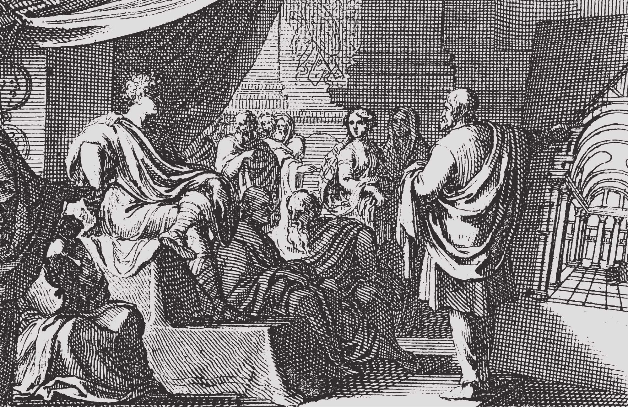 An engraving of Vitruvius, while presenting De Architectura to Emperor Augustus