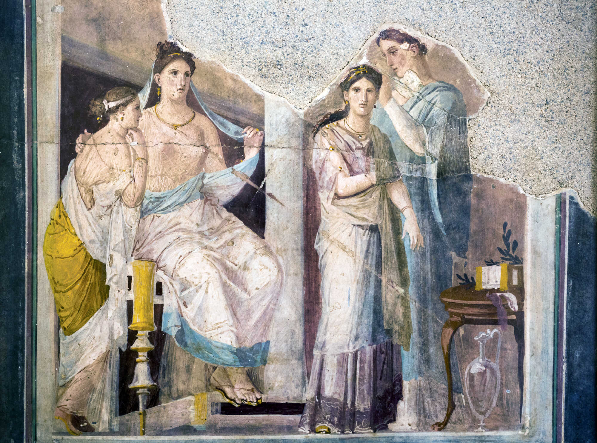 A wall painting in the Roman insula orientalis II, palaestra, room III in Herculaneum, depicting the mistress and three maids.