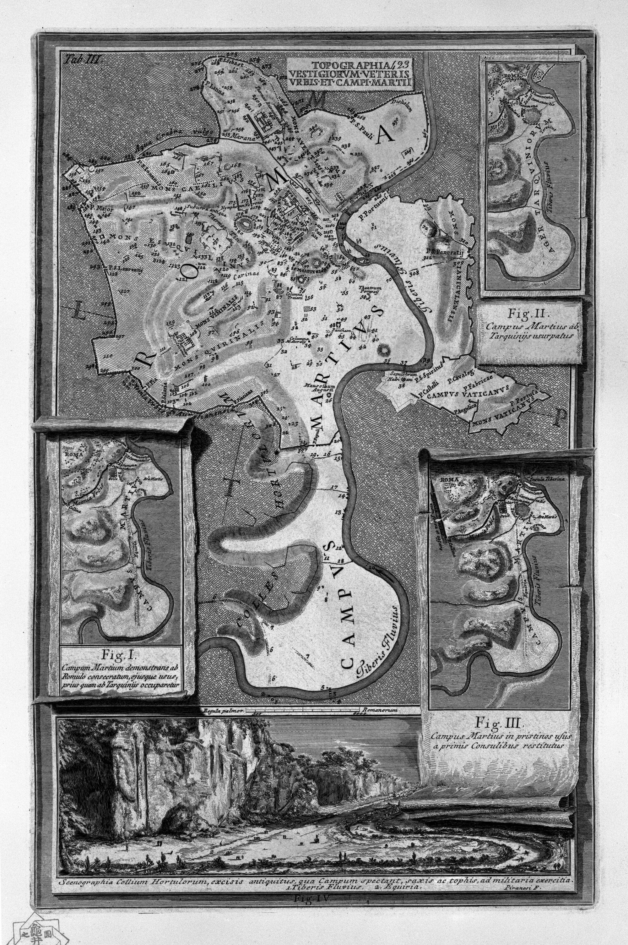 Engraving by Piranesi ( 18th century ) of the Campus Martius, showing the boundaries of the region: the Capitoline is above (south). To the right is the Tiber (west), the Quirinal and Pincian hills to the left (east) and a narrow strip of land between the Pincian and the Tiber below (north)