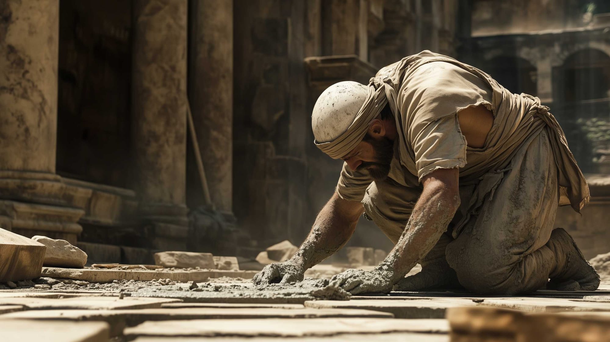 A possible representation of an Ancient Roman worker laying concrete during the construction of the Pantheon, in Rome.