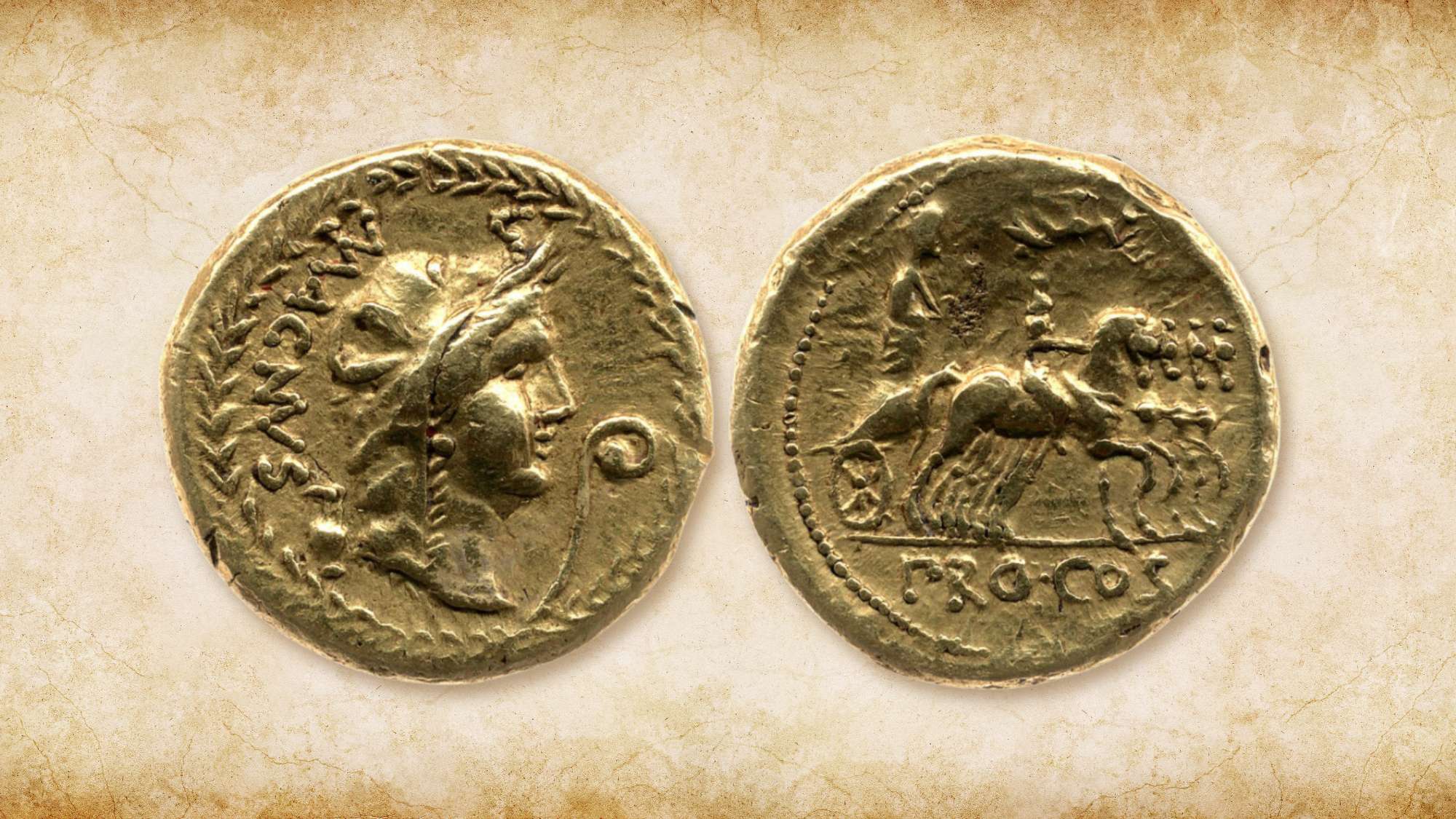 A Roman gold aureus coin showing Pompey Magnus as the Head of Africa, wearing elephant's skin and in triumphal quadriga. 