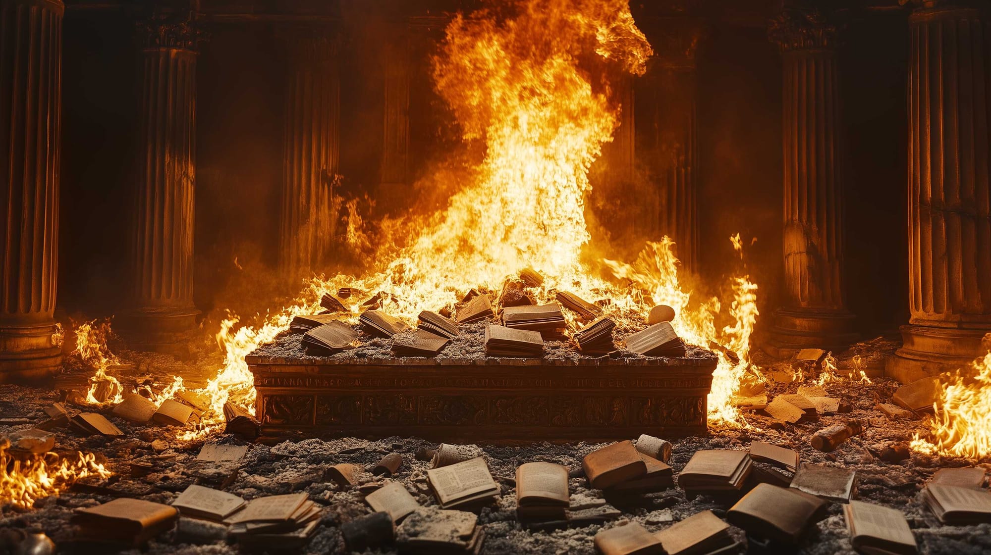 A dramatic representation of the burning of more than 2,000 books in the time of Emperor Augustus