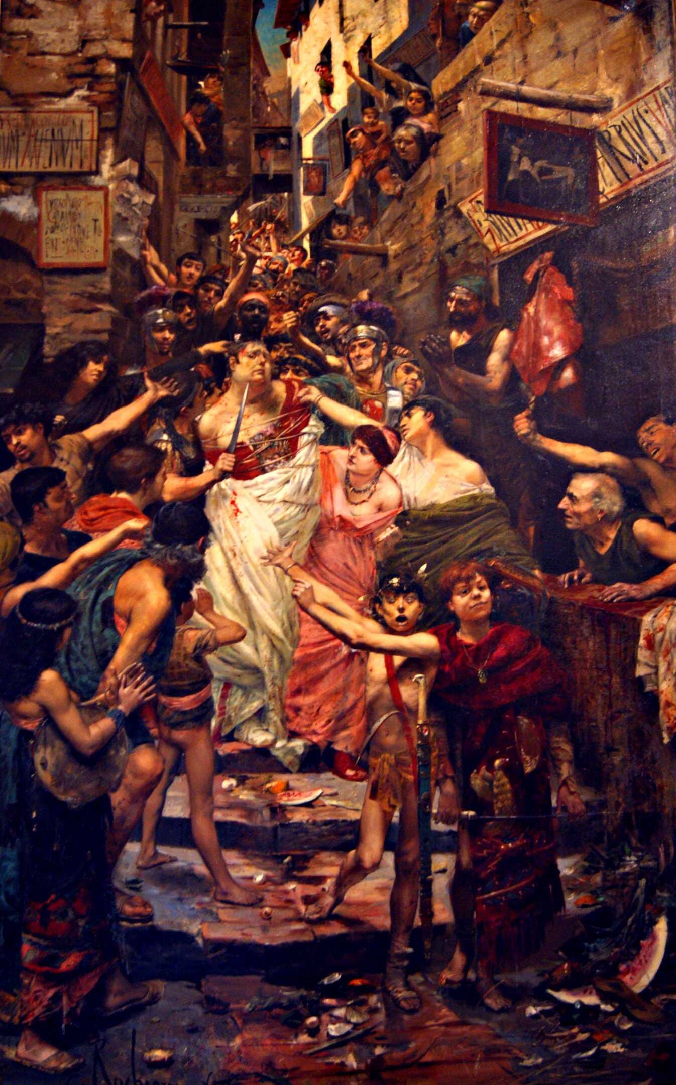 A painting of Emperor Vitellius being dragged by citizens in the city of Rome, leading to his execution