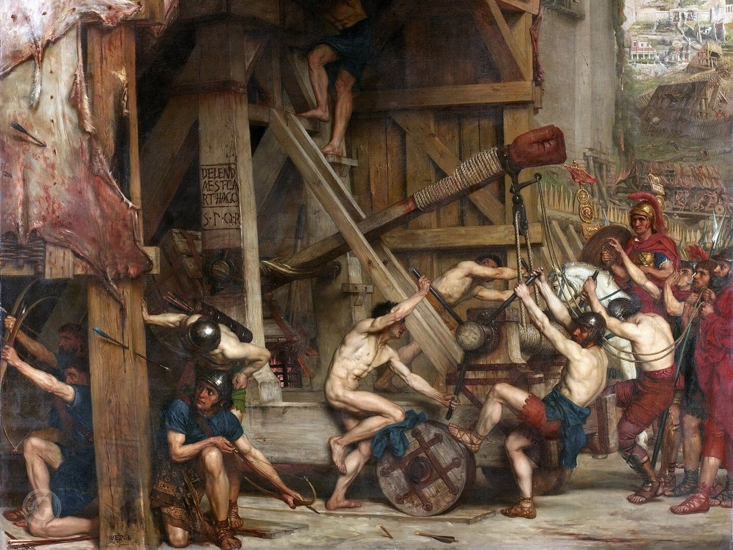 A painting showing Roman soldiers manning a siege engine for an attack on the walls of Carthage. The famous command of Cato the Elder, "Delenda est Carthago" is carved on the catapult