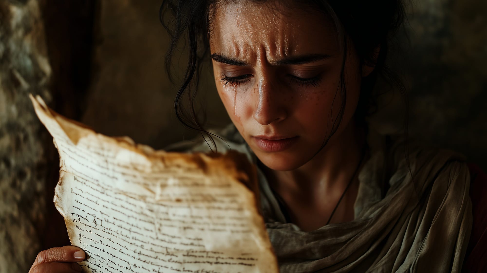 A possible representation of Marcia, Cordus’ daughter, reading her father’s hidden copies with tears in her eyes.