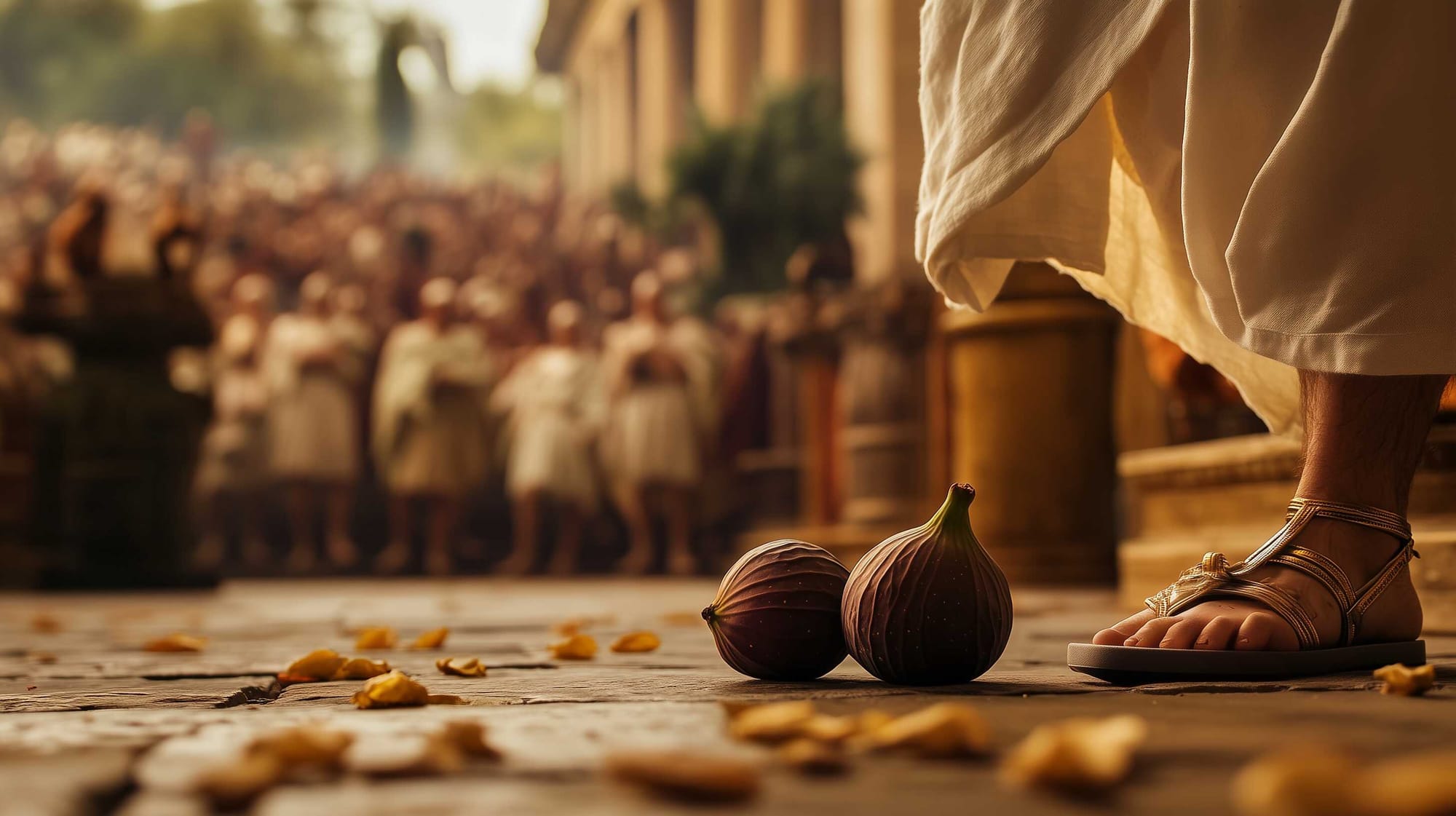 A possible representation of the famous figs scene in the Roman Senate by Cato the Elder about Carthage