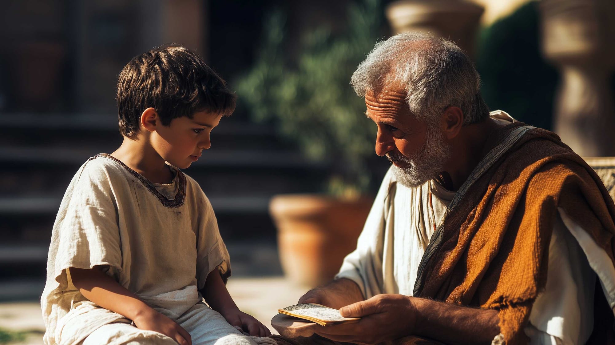 A possible representation of the rhetorician Quintilian, while teaching a small student