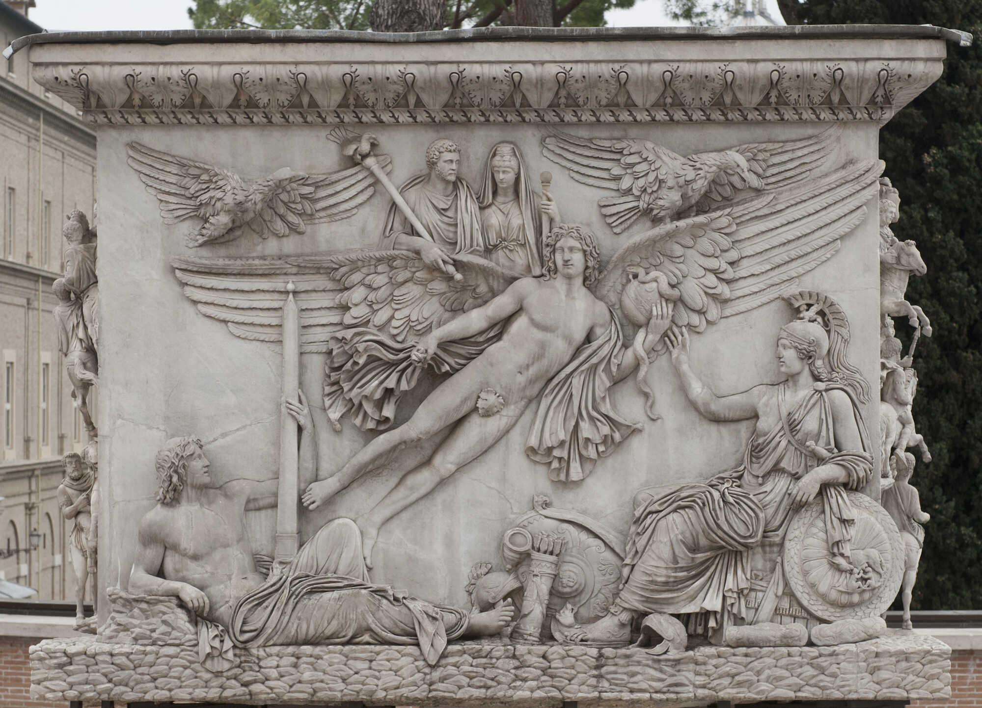 The Apotheosis of Emperor Antoninus and his wife Faustina the Elder. A winged Aion carries them to Heaven. Campus Martius (left) holds Augustus' Horologium Obelisk, Roma sits on the right