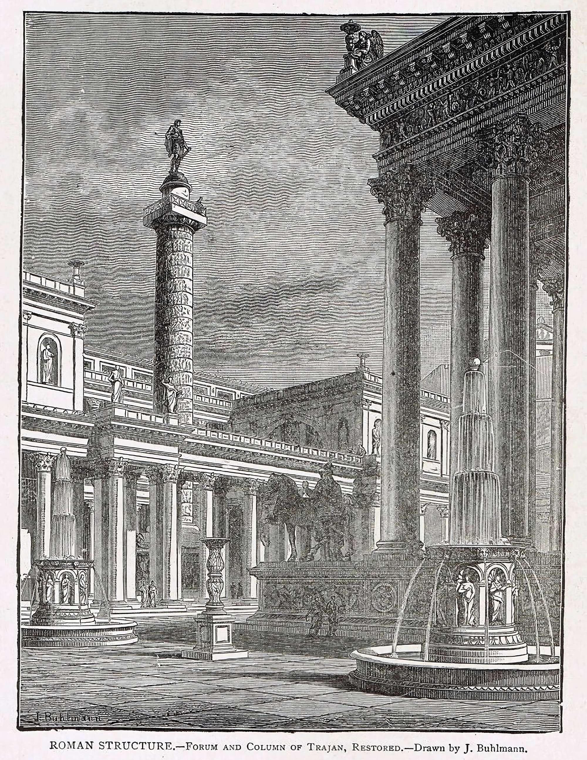 Engraving by J. Buhlmann showing the Forum and Column of Trajan restored in Ancient Rome