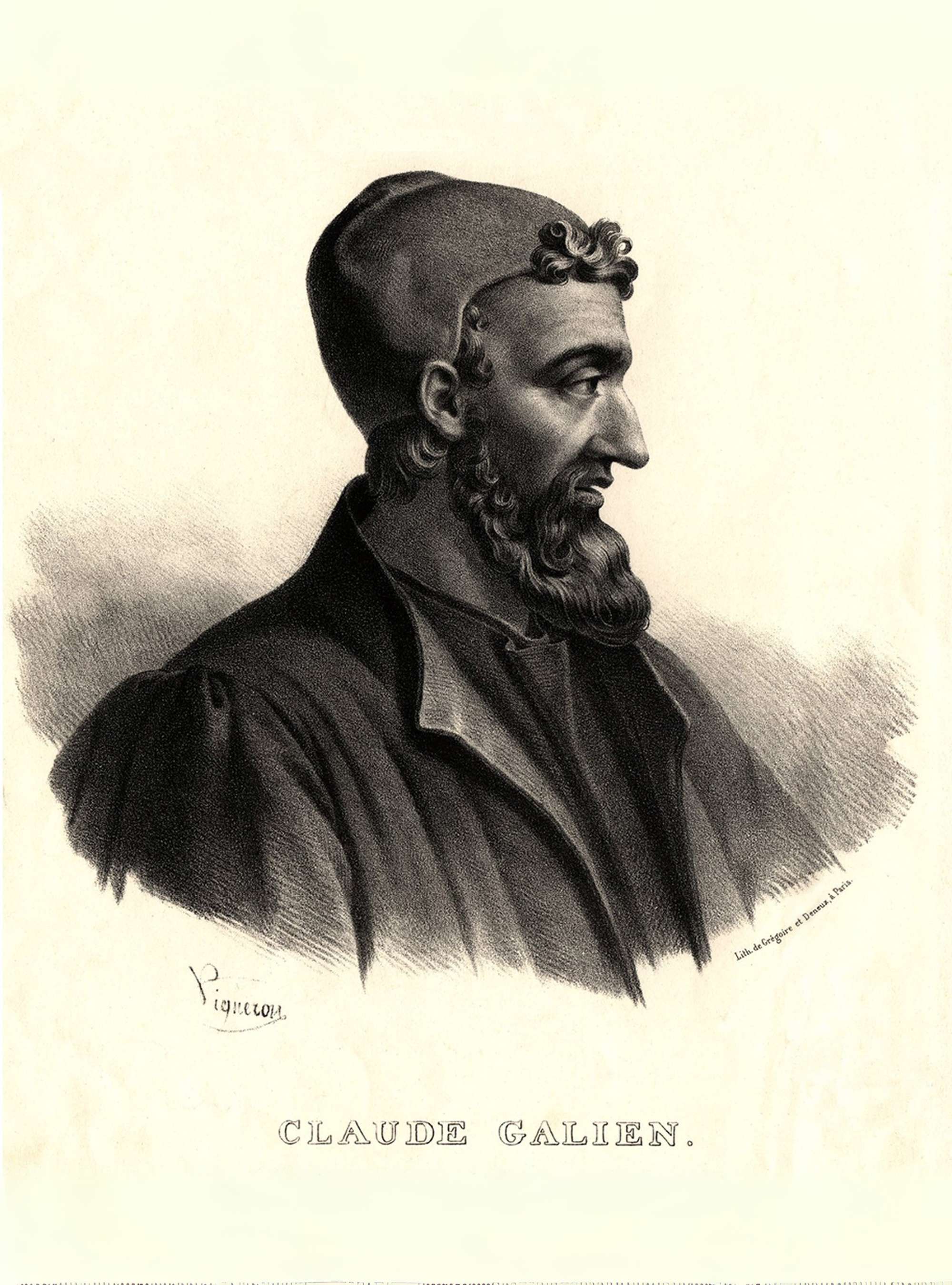 A lithography of Galen by Pierre Vigneron, the Greek born Roman physician, the authority on European medieval medical practice.