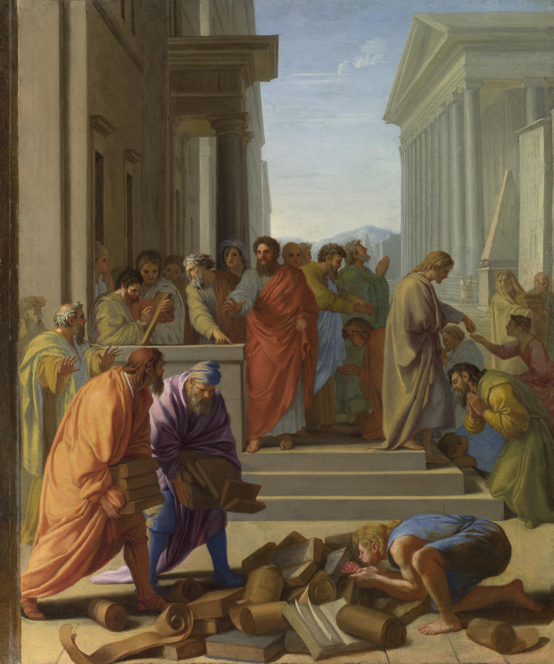 Book burning was a common practice during the Roman times. In Eustache Le Sueur‘s painting, Saint Paul preaches at Ephesus and pagan books are being burned in front of him.