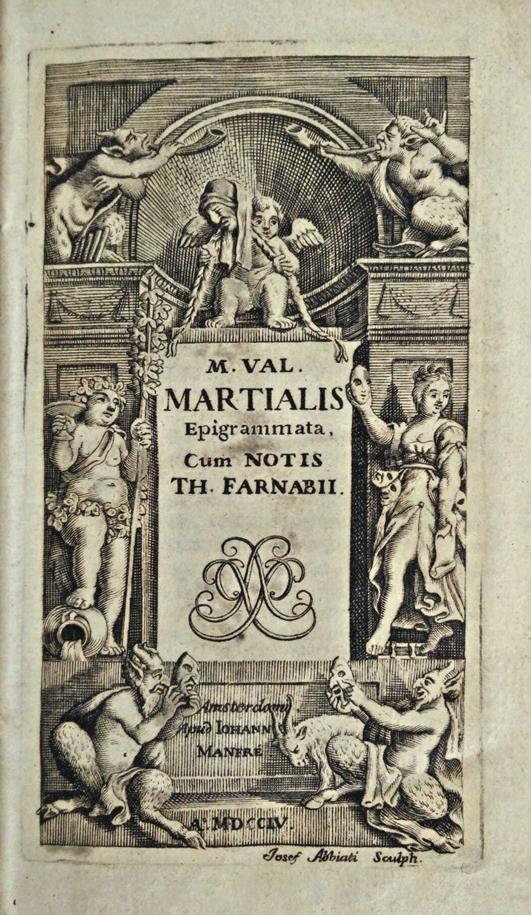 Martial’s Epigrams Book (Martialis Epigrammata), by Thomas Farnaby, engraved by Giuseppe Abbiati