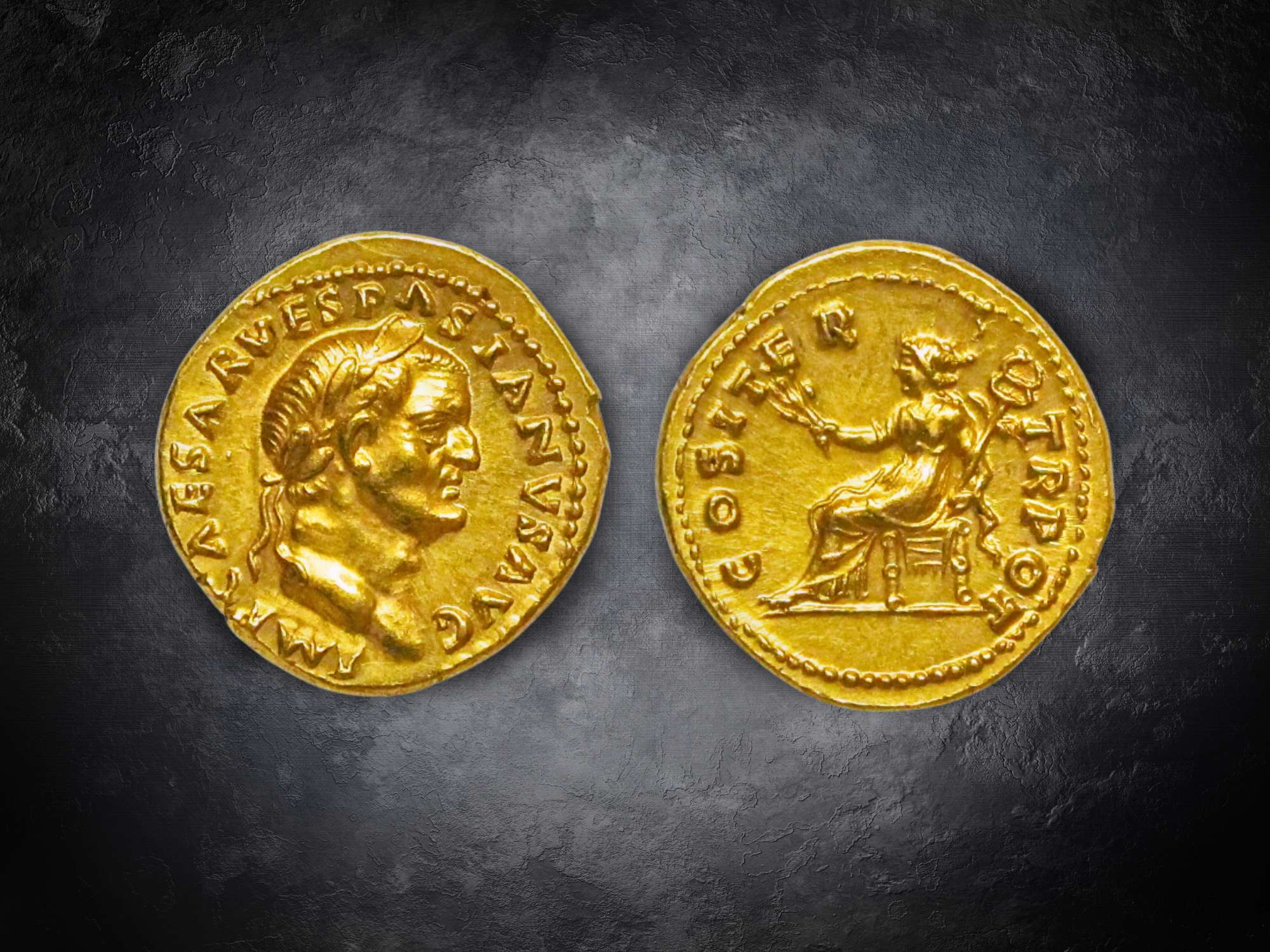 Roman Aureus gold coin picturing Emperor Vespasian