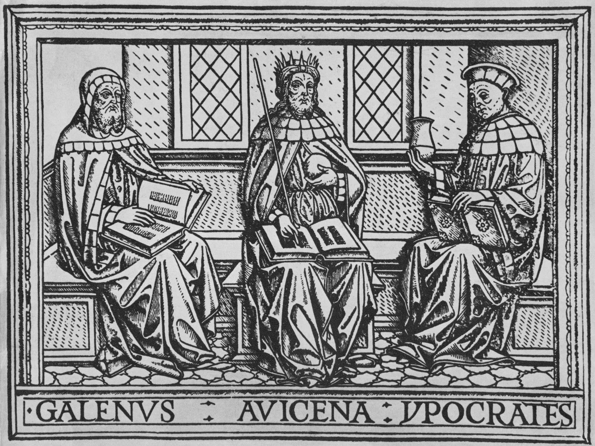 The three great ancient teachers of medicine: Galen (Greek-Roman), Avicenna (Persian), and Hippocrates (Greek). Woodcut from an early 15th century Latin language medical book. 