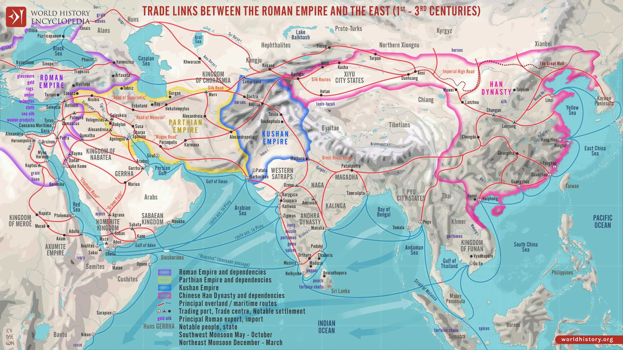 Trade routes between the Orient and the Roman Empire using the Silk Road