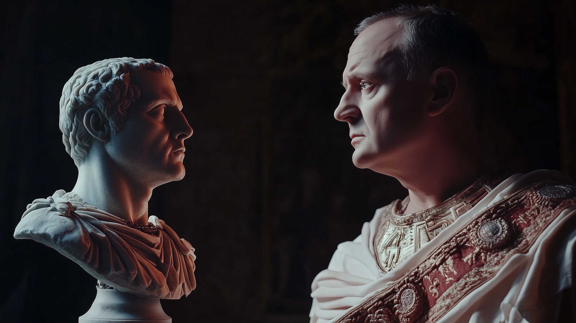 Vespasian looking at a marble bust of Emperor Caligula