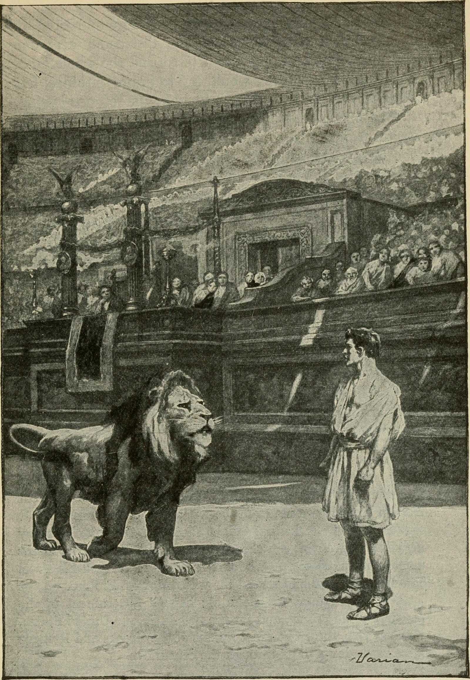 A gravure depicting a Christian facing a lion in the Roman arena