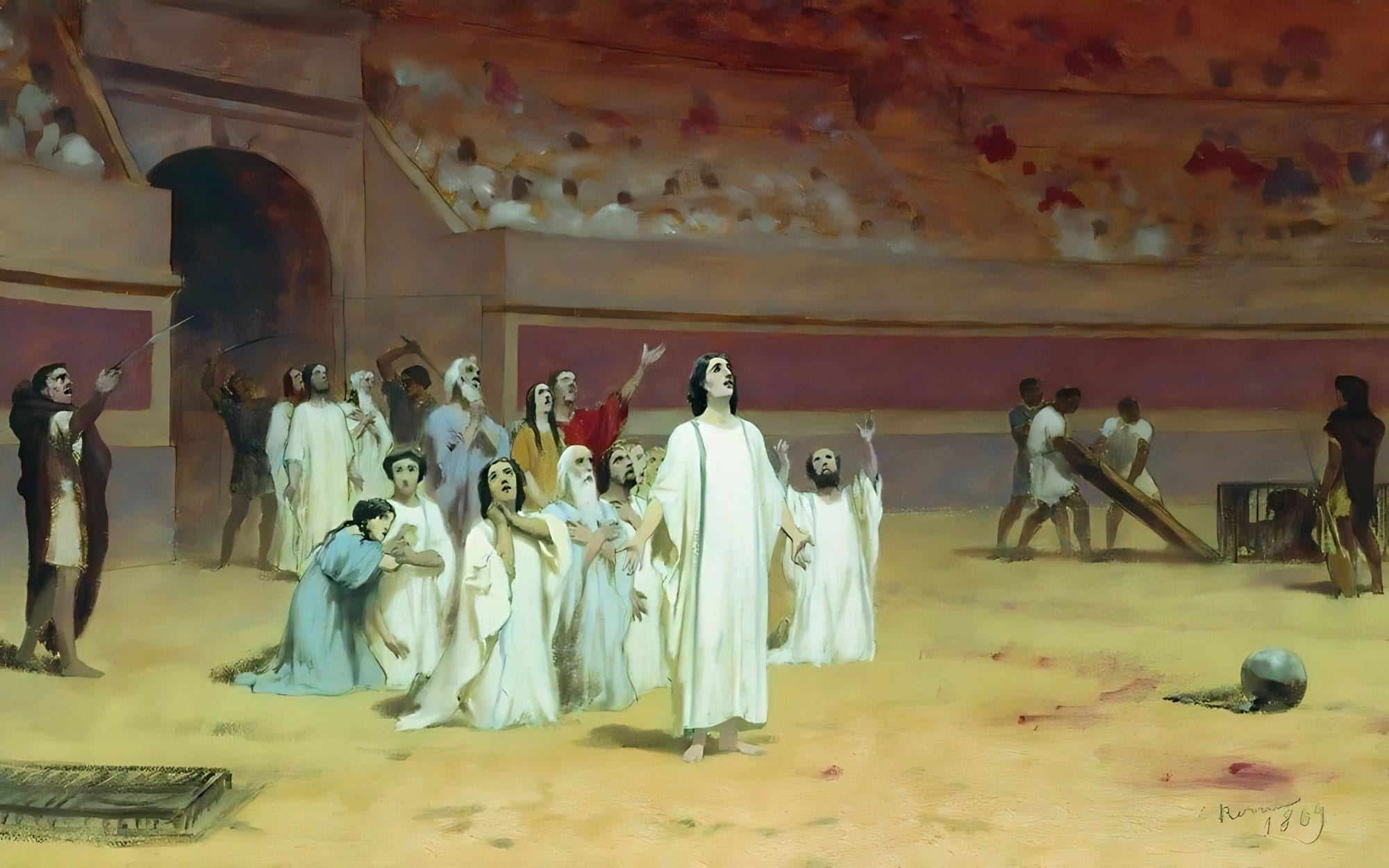 A painting by Fedor Bronnikov, dubbed Entering the Arena, with Christians getting ready to meet their deaths