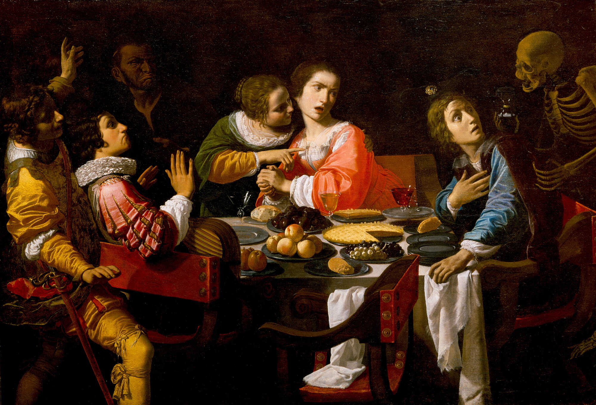 A painting by Giovanni Martinelli, depicting Death as  Memento Mori coming to the Banquet Table