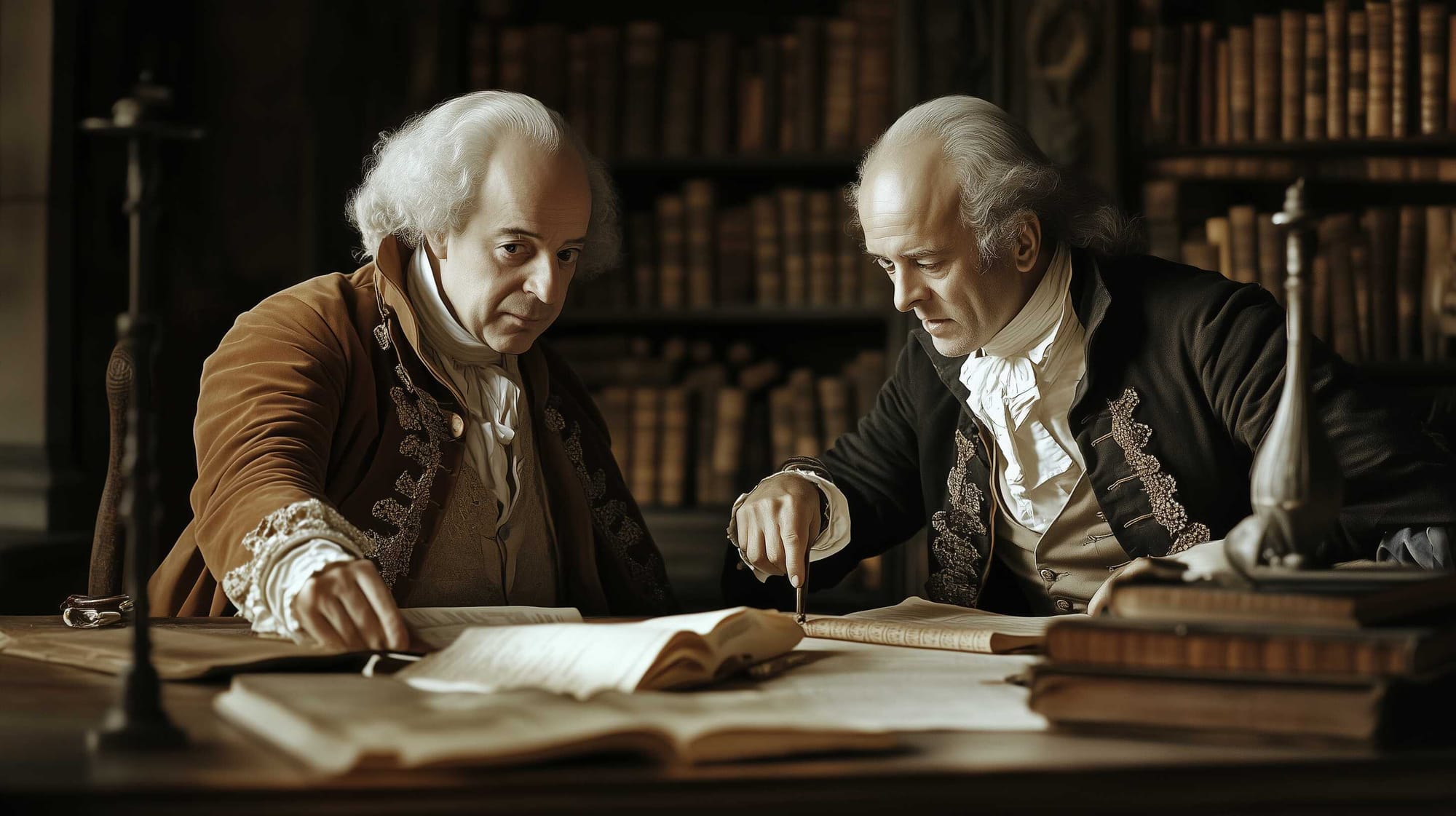 A possible representation of French historians Pierre-Nicolas Bonamy and Antoine Terrasson discussing the Twelve Tables