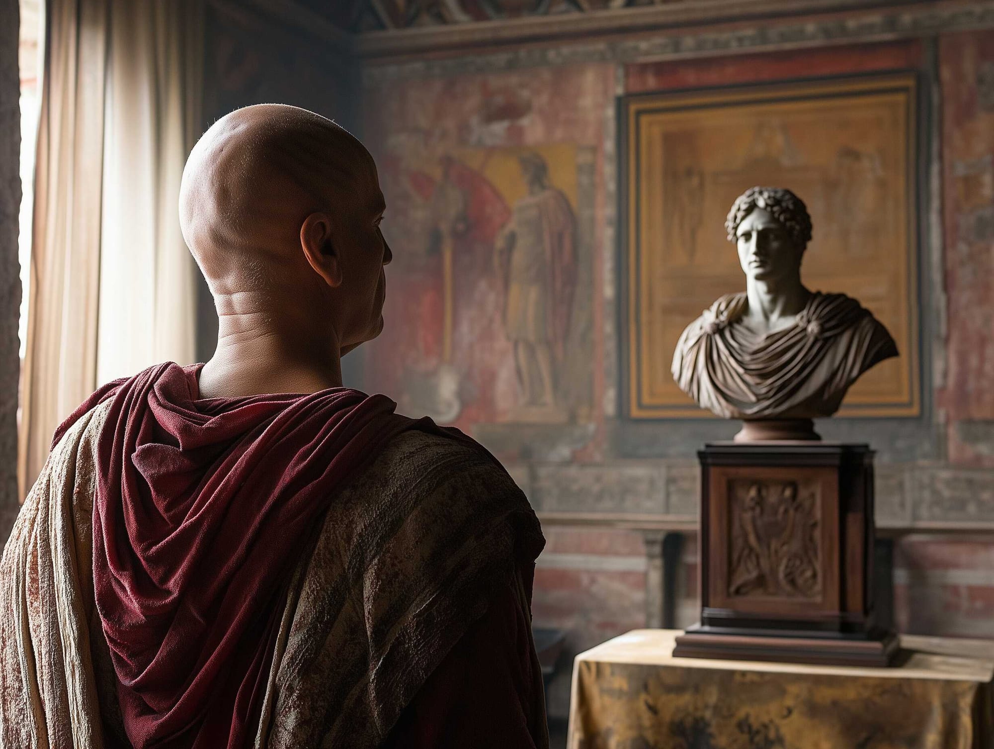 A possible representation of Scipio Africanus deep in thought, as he is staring at a bust of Alexander the Great