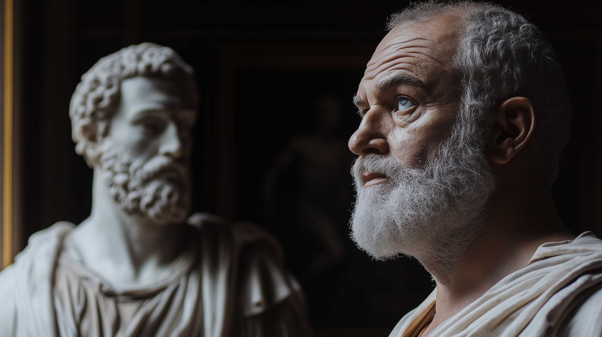 A possible representation of a Roman legislator contemplating, with the bust of Ancient Greek Solon in the background