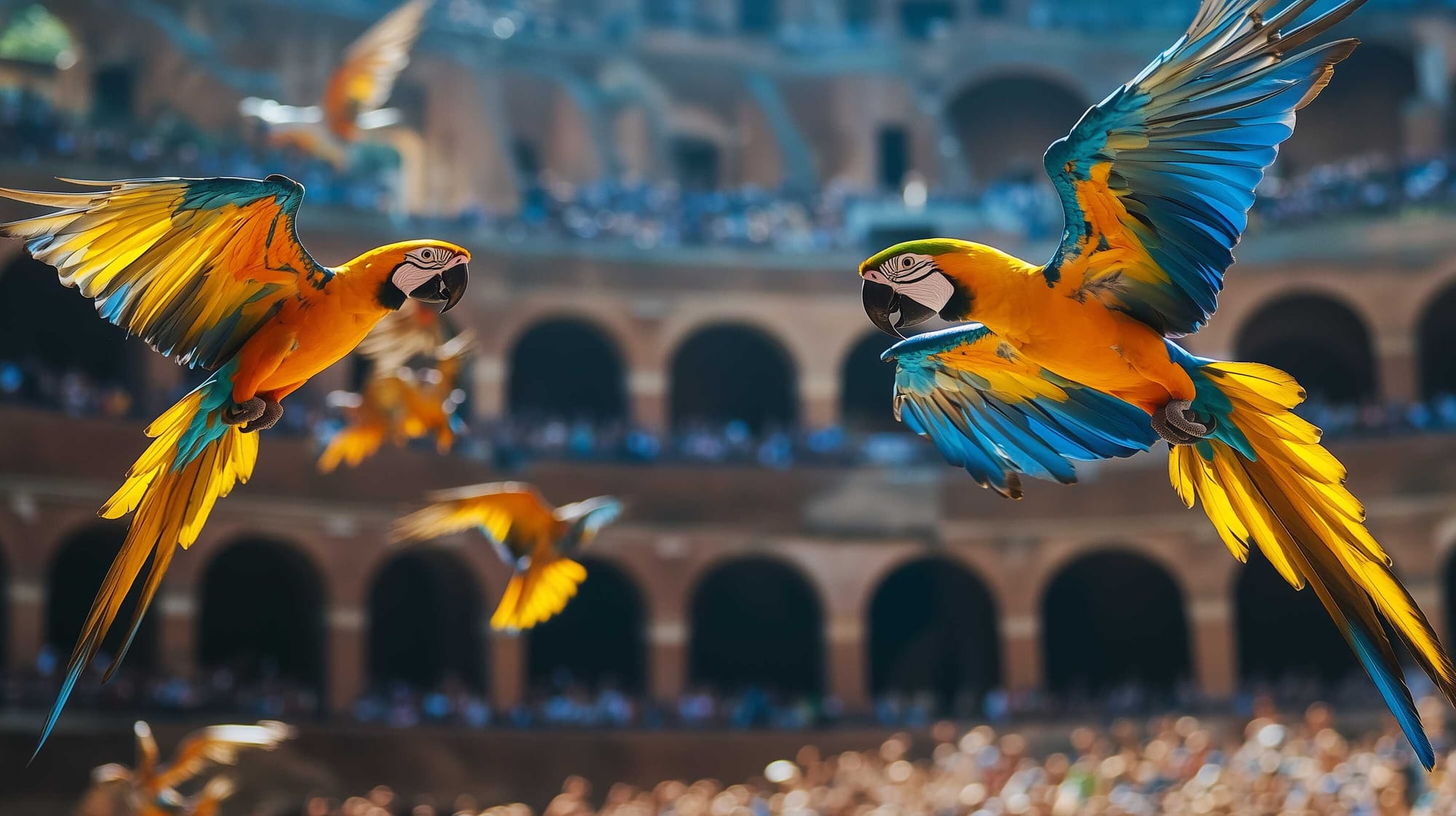 A possible representation of a flock of exotic parrots being released inside the Colosseum under Domitian’s orders during Saturnalia