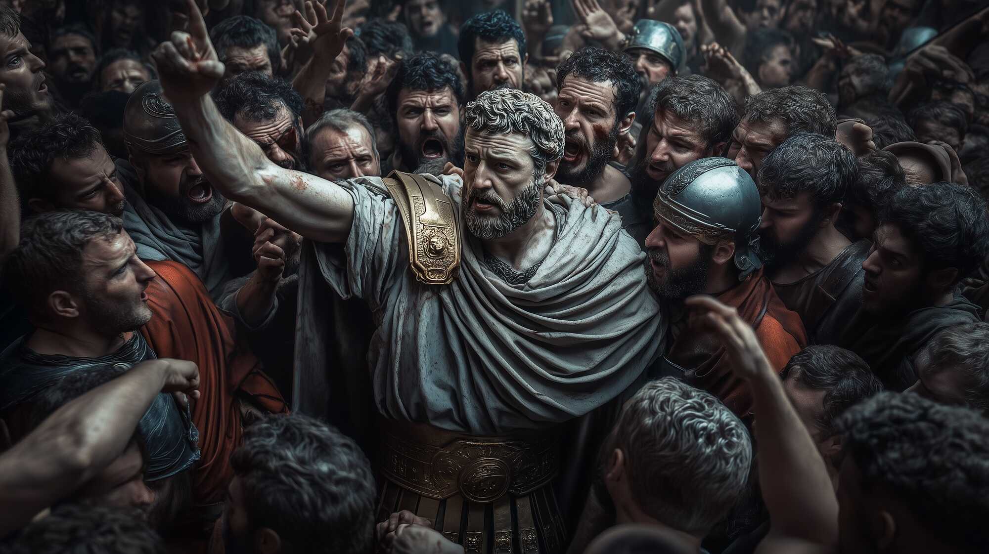 A possible representation of an angry mob surrounding Emperor Didius Julianus, the Praetorian Guard trying to protect him