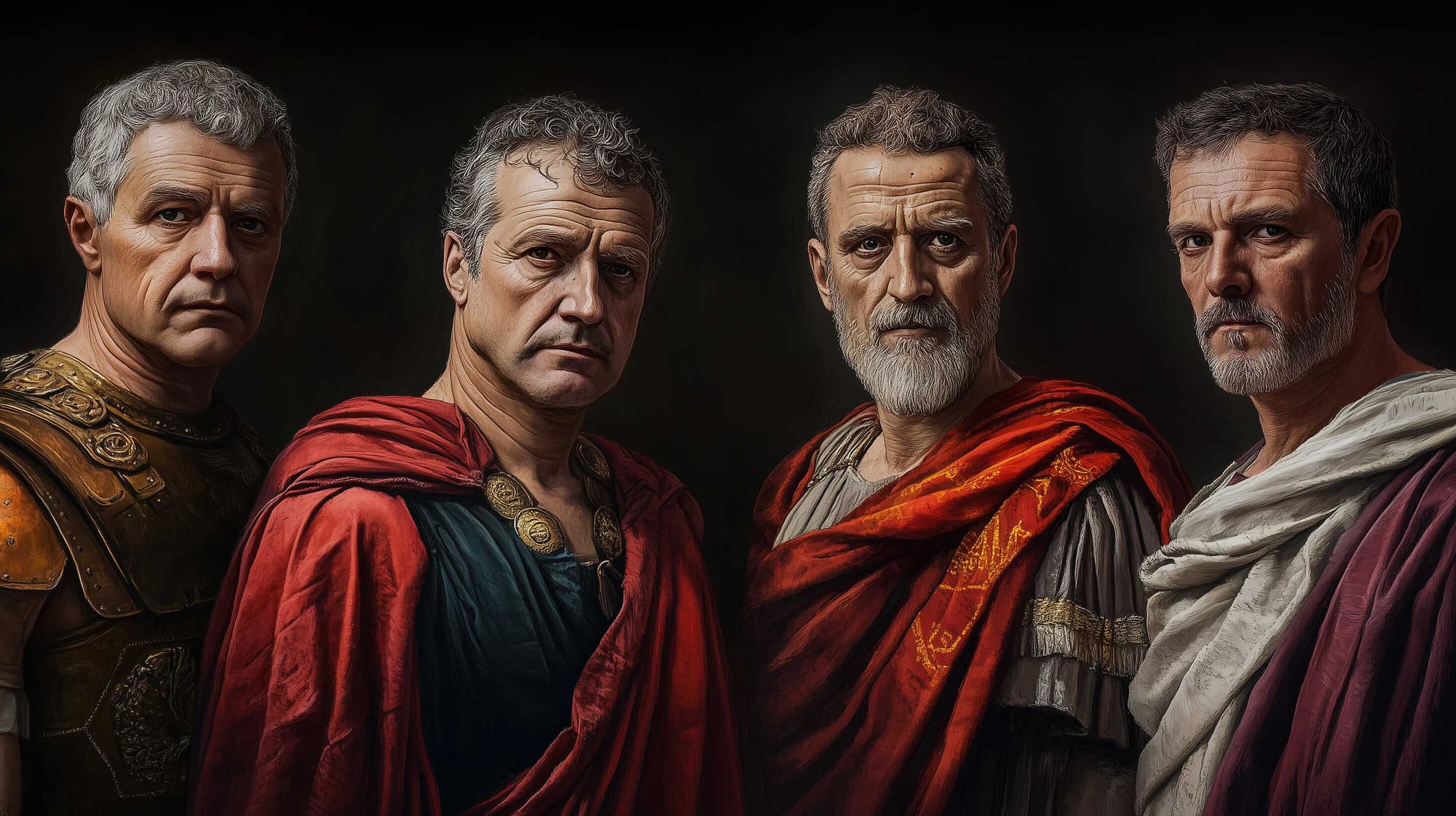 A possible representation of four Romans from different social classes; from left to right, a pleb, a patrician, a tribune and a senator