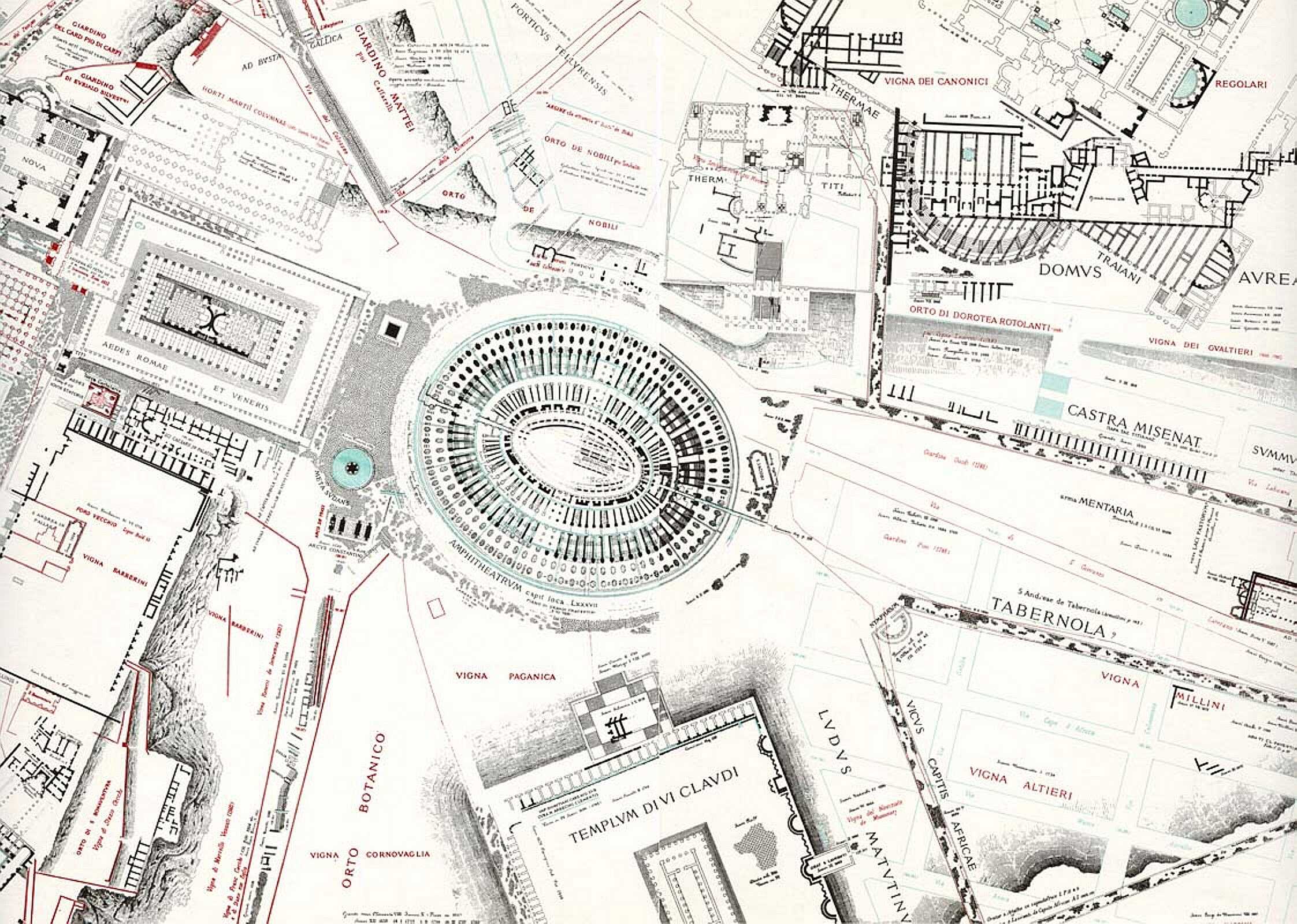 A sketch reconstruction of the Forma Urbis Romae by Rodolfo Lanciani, detail on the Colosseum