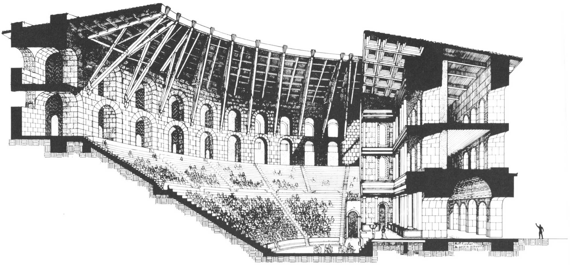 A sketch showcasing the architecture behind the ancient Roman Odeon of Herodes Atticus, with a wooden roof