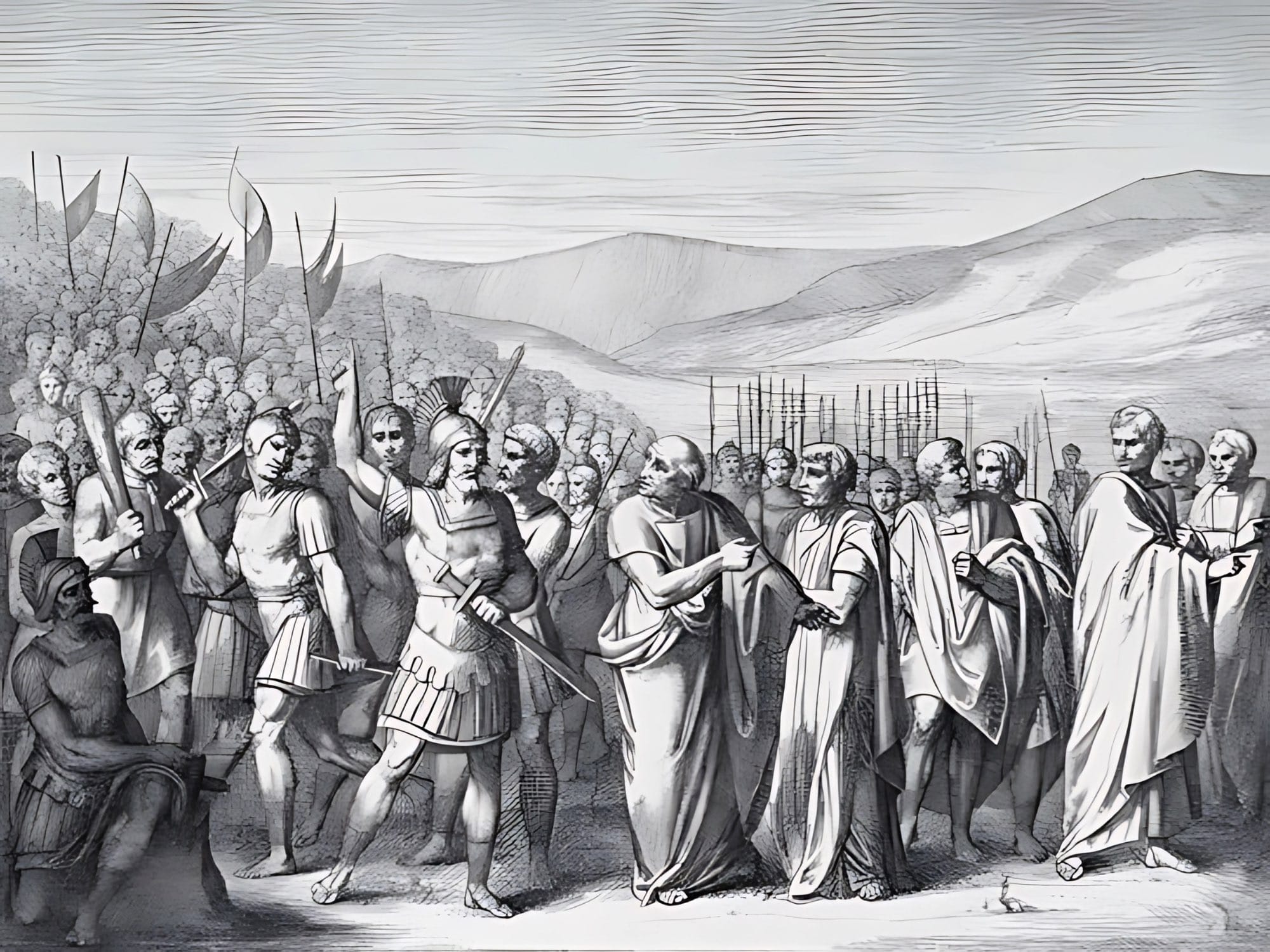 An engraving by Barloccini, the Secession of the People to the Mons Sacer, often connected to the Roman Tribunes of the Plebs