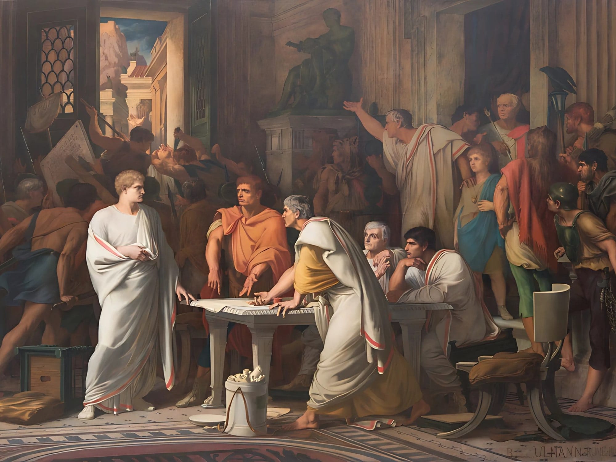 Consul Lucius Cornelius Sulla, a general well known during the Social War, forced by a mob led by the tribune of the plebs Sulpicius,  seeking shelter in the house of Gaius Marius, painting by Benjamin Ulmann