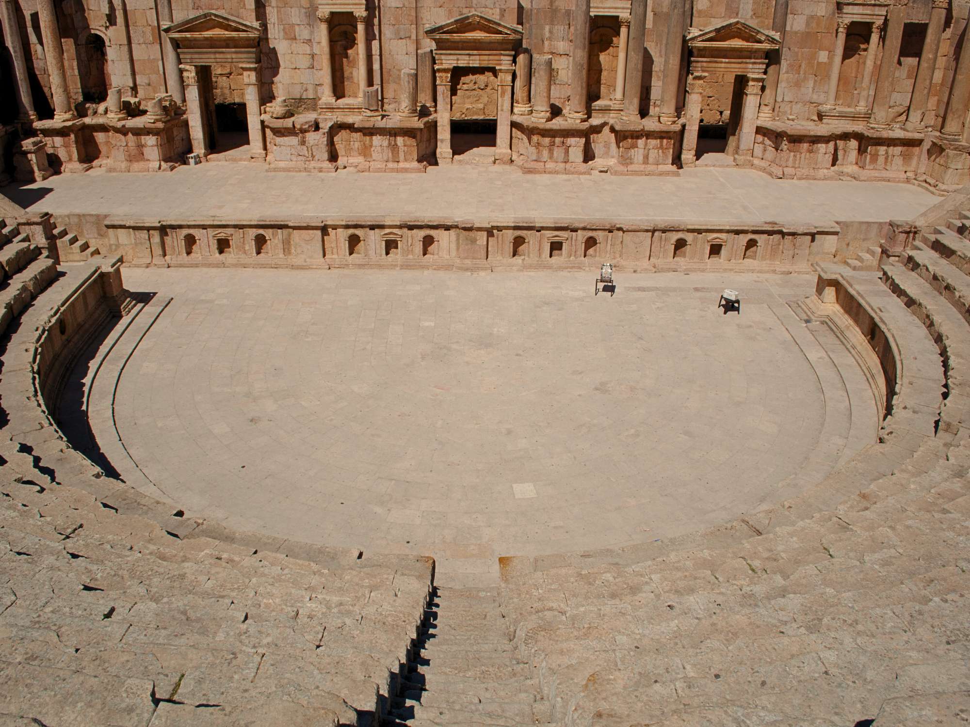 Jerash, the South Theater, built during the reign of Emperor Domitian between 90-92 AD to seat more than 3.000 spectators, in the archaeological city of Jerash, the Gerasa of Antiquity